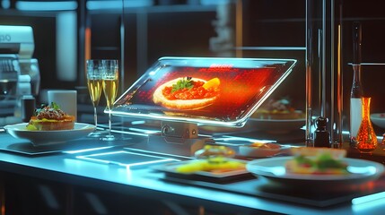 Futuristic digital breakfast scene with holographic food displays automated serving apparatus and ambient technological ambiance
