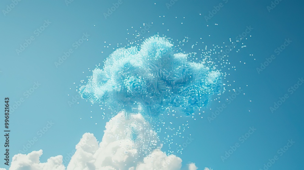 Poster a blue cloud made of digital data bits floating in a clear sky.