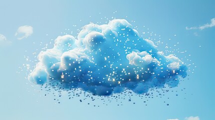 A blue cloud made of digital data bits floating in a clear sky. 