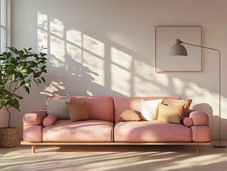 Cozy and stylish contemporary living room with a generously sized sofa minimalist furnishings and warm natural light showcasing a interior design