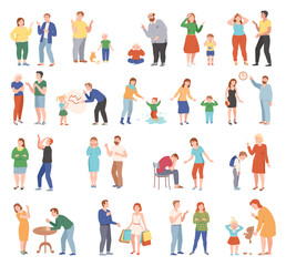 Family Conflict with Parent Scolding and Suffering Child Vector Set