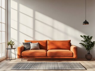 Fototapeta premium Cozy and Stylish Scandinavian Inspired Contemporary Living Area with Generously Sized Sofa Clean Lined Furnishings and Warm Natural Lighting