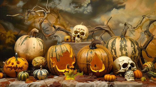 Halloween display, showcasing a variety of pumpkins, both carved and natural, alongside skulls and twisted, leafless branches, different colors and textures