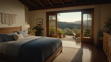 Obraz premium This modern boho bedroom features a wooden bed with a blue-gray blanket, macrame wall hanging, and green plants by the window revealing a beautiful natural landscape outside