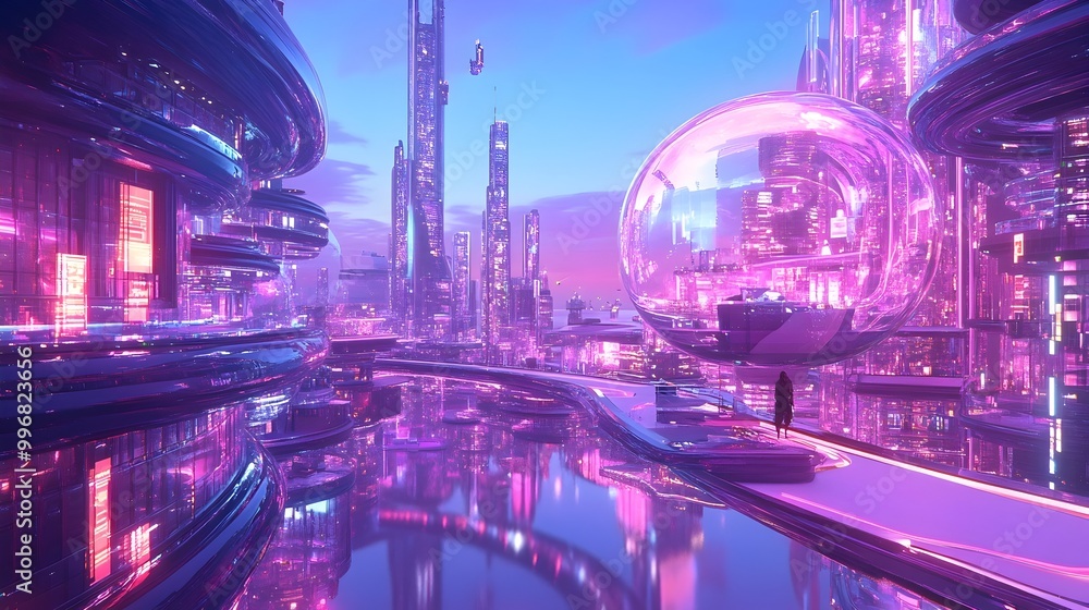 Aufkleber gleaming cyber marketplace featuring ethereal data driven displays hover powered shopping carts