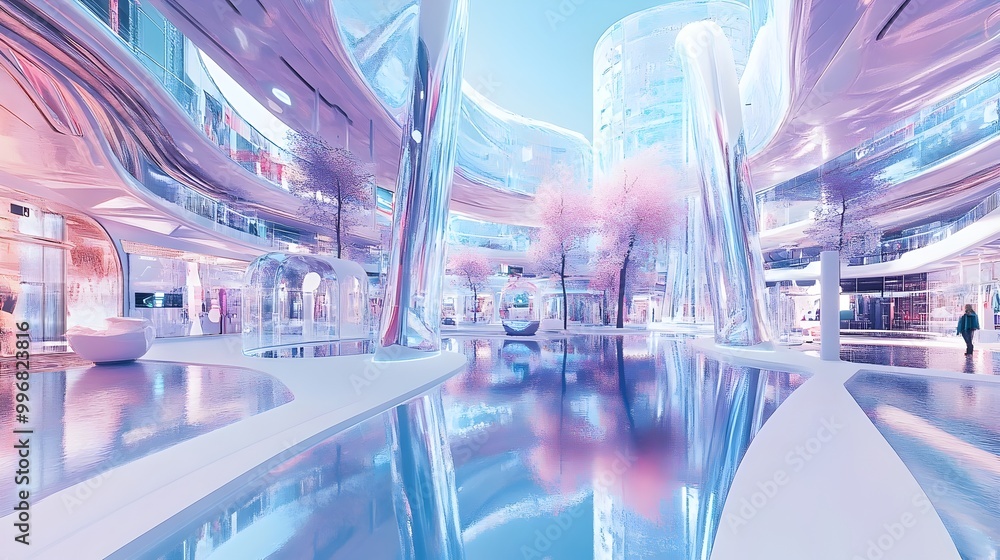 Aufkleber gleaming cyber marketplace with ethereal data driven displays and hover powered shopping carts for c