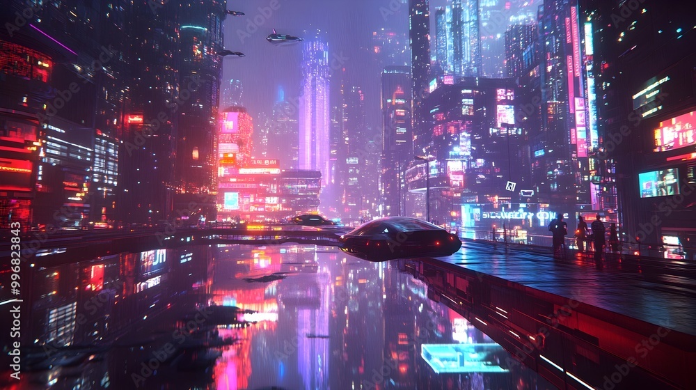Aufkleber Gleaming cyber marketplace with ethereal data driven displays hover powered shopping carts and customizable avatar shoppers in a 3D rendering with biopunk sensibilities and futuristic floating city
