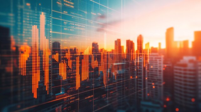 Futuristic City Skyline at Sunset with Financial Data Overlay - Powered by Adobe