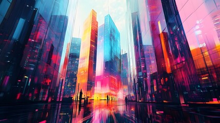 Obraz premium Gleaming sales assistants presenting holographic product catalogs in sleek hover carts against a backdrop of towering glass skyscrapers showcasing a futuristic