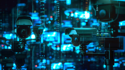 Security cameras with connected digital data points, background