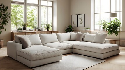Cozy and welcoming modern living room featuring a plush L shaped sectional sofa in a neutral textile minimalist yet stylish decor with pops of natural greenery