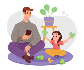Fototapeta premium Man Parent Character Teach Daughter Save Money Vector Illustration