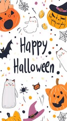 
set of cute kawaii Halloween cards with text "Happy halloween", vector illustration