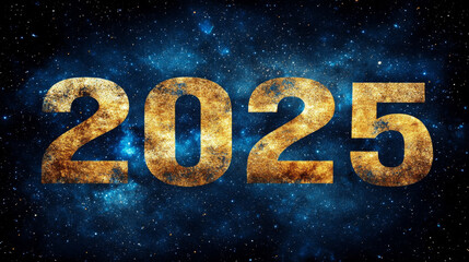 The year 2025 in glowing orange digits against starry cosmic background