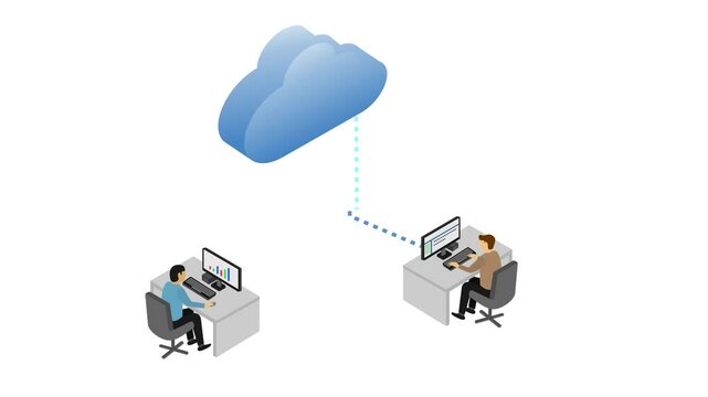 animated two office workers are accessing cloud storage. isometric cloud computing concept. animation footage video isolated on alpha channel background(transparent).