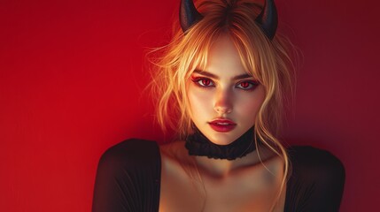 Obraz premium Seductive Demon Woman with Gothic Wings and Choker