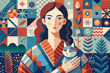Serene Woman with Cat in a Colorful Geometric Background