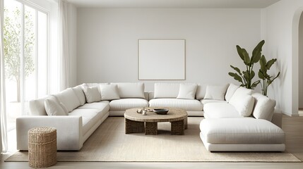 Elegant and Comfortable Modern Living Room with a Streamlined U Shaped Sectional Bauhaus Inspired Aesthetic and Warm Color Accents Complementing the Natural Materials