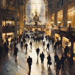 Obraz premium Impressionist style painting capturing the energetic atmosphere and dramatic lighting within a grand department store during the busy Black Friday shopping rush