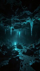 Alien crystal cavern illuminated by bioluminescent flora and eerie light.