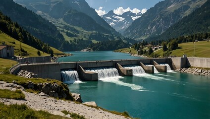 Alpine lake and dam in Switzerland generating eco-friendly hydropower.