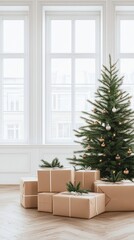 This warm, inviting room is decorated for Christmas, featuring a sparkling tree, gifts nestled underneath, and soft lighting that enhances the holiday spirit beautifully