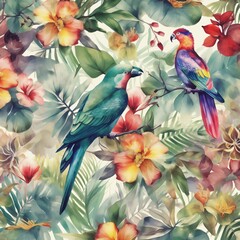 Vividly Beautiful Colorful Parrots Surrounded by Lush Tropical Flora and Botanical Elements