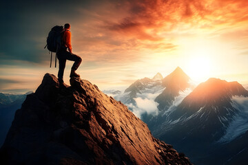 Fototapeta premium Overcoming the Challenge: Man Ready to Conquer Mountain and Achieve Success through Ambitious Aspirations and Risky Endeavors
