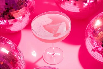 Pink cocktail with a light foam top, displayed with reflective disco balls on a neon pink background