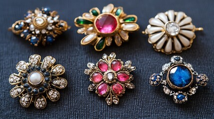 Fototapeta premium A collection of exquisite vintage brooches featuring colorful gemstones and intricate designs, perfect for jewelry lovers.