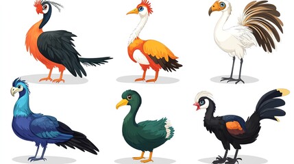 Naklejka premium A collection of colorful and diverse cartoon birds, showcasing unique features and vibrant plumage in a whimsical style.