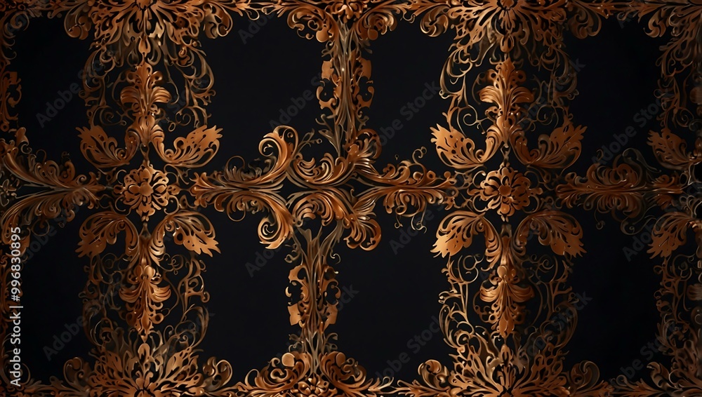 Wall mural an ornate copper-colored design is highlighted on a dark background.