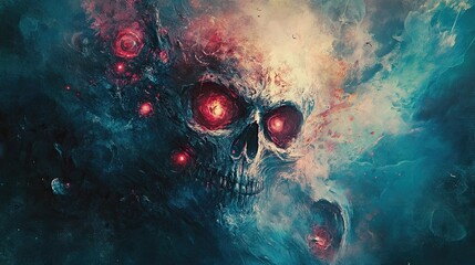 A skull with red eyes and glowing red eyes