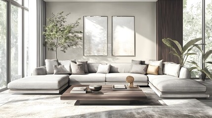 Elegant and Serene Living Room Design with Sumptuous L Shaped Couch Muted Color Palette and a Mix of Natural Textures for a Refined Aesthetic