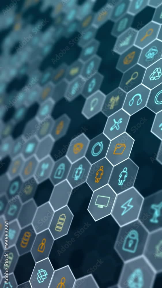 Poster motion graphic of blue technology futuristic icons with hexagon shape abstract background vertical v