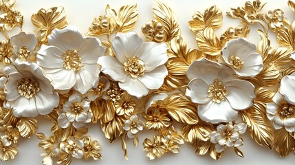 Lavish white gold floral border jewelry featuring ornate gold flower designs and lush botanical embellishments  The gleaming metallic textures ornamental Art Nouveau influences