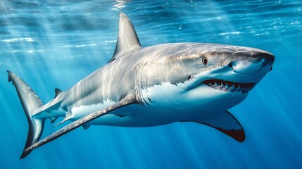 Fototapeta premium A majestic shark gliding through crystal clear waters, showcasing its powerful form and elegance in the ocean's depths.