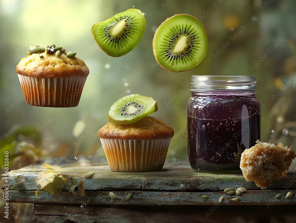 Poster levitating muffins floating kiwi slices and a dreamlike jam jar create an enchanted breakfast tablea