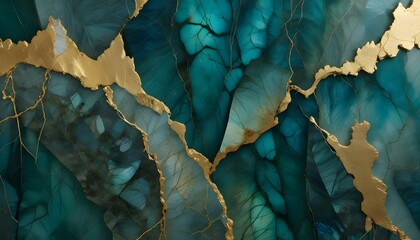Abstract blue and green background with gold Kintsugi-style cracks, blending luxury