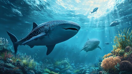 Fototapeta premium A majestic whale shark swims through a vibrant underwater scene teeming with colorful coral and marine life.