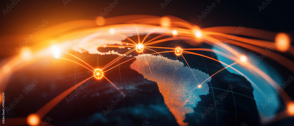 Poster a digital representation of the globe with interconnected nodes, symbolizing global communication an