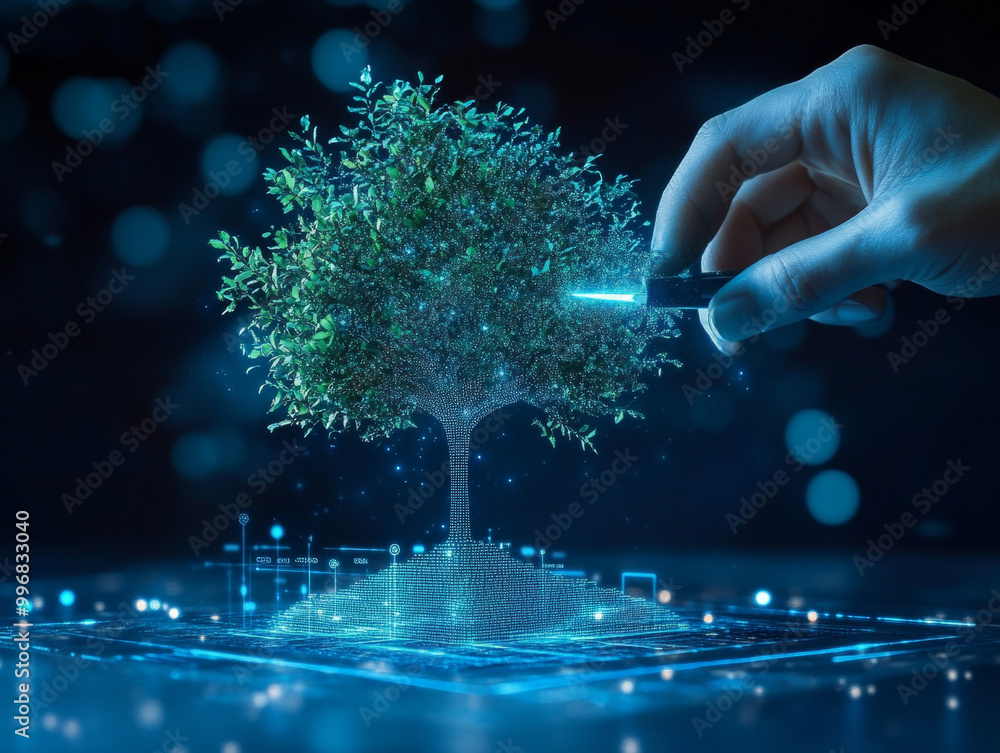 Poster a hand is seen pruning glowing digital tree on tech platform, symbolizing fusion of nature and techn