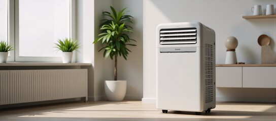 Modern living room features an energy-efficient air conditioner infused with refreshing nature