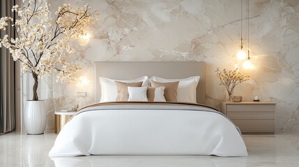 Elegant bedroom, marble accents, ambient lighting, 3D illustration