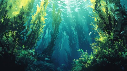Obraz premium A serene underwater scene showcasing vibrant seaweed and fish, illuminating the beauty of marine life beneath the waves.