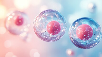 Close-up of three transparent cells with pink nuclei against a blurred pink and blue background.