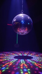 A dazzling disco ball illuminates a nightclub with vibrant colors on the dancefloor