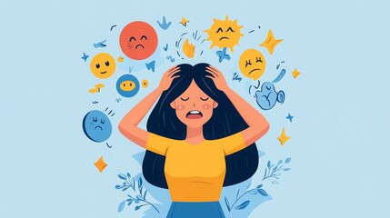 A distressed young woman holds her head in frustration, surrounded by colorful icons of emotions like happiness, sadness, and anxiety on a light blue background.