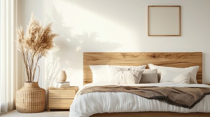 Minimalist bedroom, neutral tones, soft lighting, 3D illustration