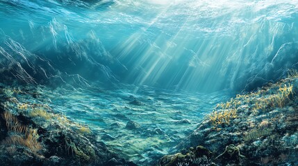 Obraz premium A tranquil underwater scene showcasing vibrant marine life and sunlit water, perfect for nature and ocean-themed projects.